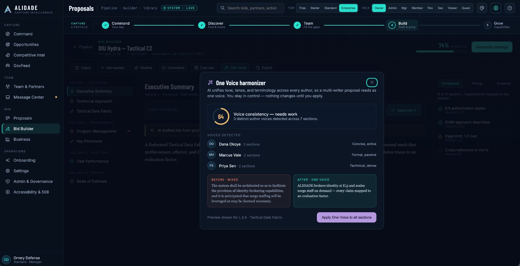 One Voice: multiple authors harmonised into a single proposal register.